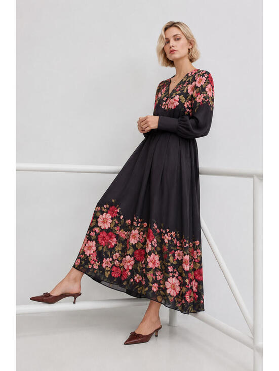 1. STATE Dresses & Skirts - NWT Black Floral Dress Long Sleeve Button Front Romantic Cottagecore sz L Modest